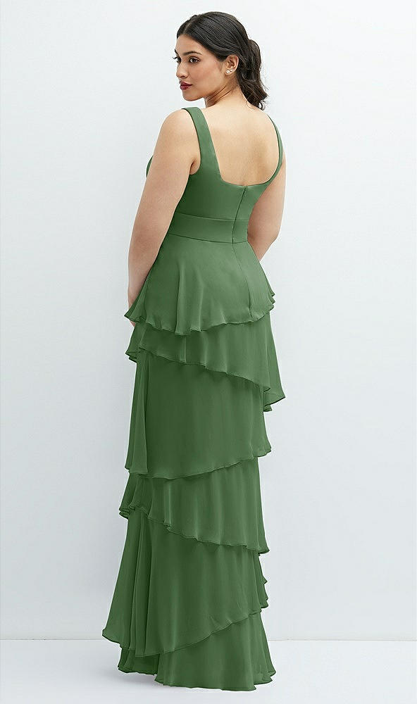 Back View - Vineyard Green Asymmetrical Tiered Ruffle Chiffon Maxi Dress with Handworked Flowers Detail