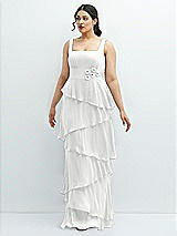 Front View Thumbnail - White Asymmetrical Tiered Ruffle Chiffon Maxi Dress with Handworked Flowers Detail