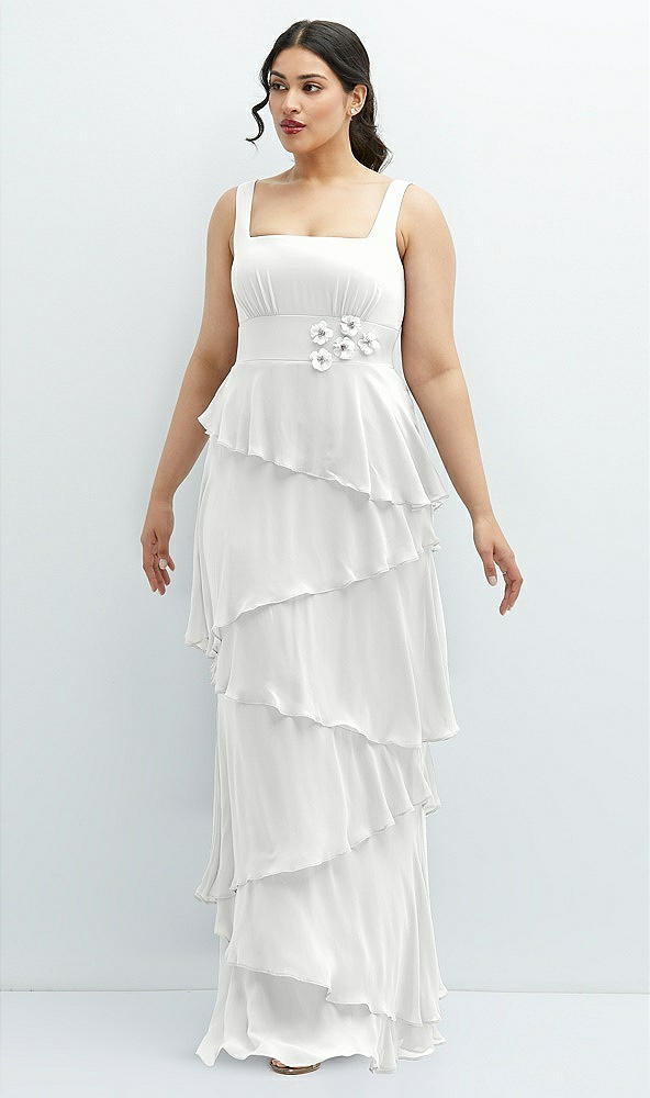 Front View - White Asymmetrical Tiered Ruffle Chiffon Maxi Dress with Handworked Flowers Detail