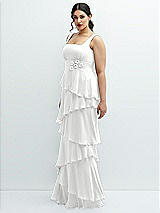 Side View Thumbnail - White Asymmetrical Tiered Ruffle Chiffon Maxi Dress with Handworked Flowers Detail