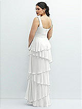 Rear View Thumbnail - White Asymmetrical Tiered Ruffle Chiffon Maxi Dress with Handworked Flowers Detail