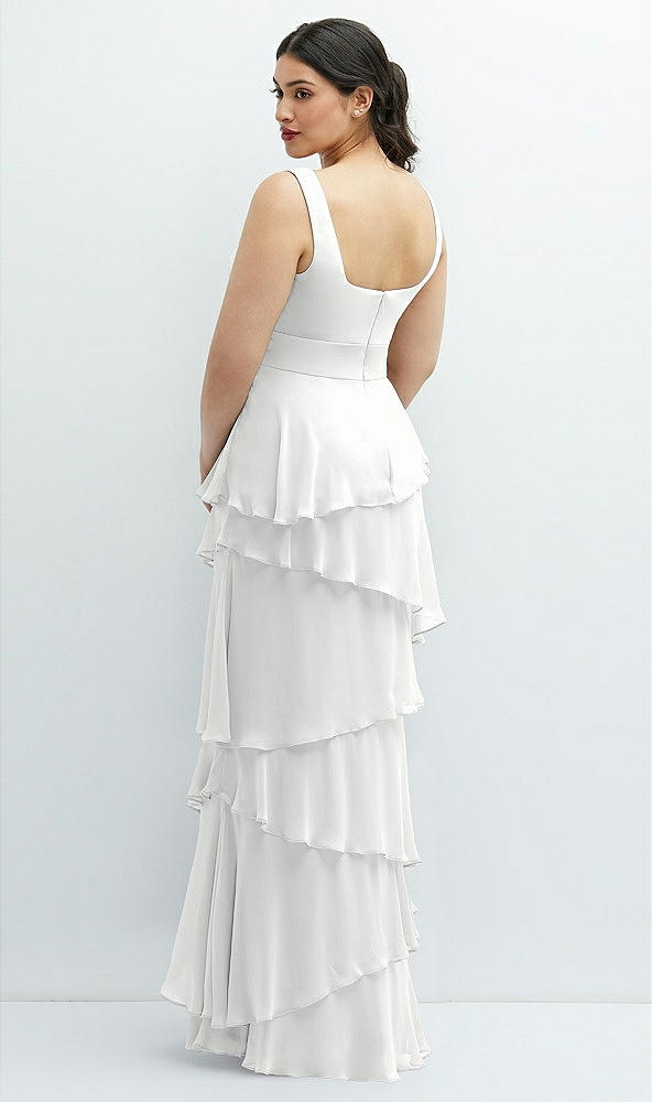 Back View - White Asymmetrical Tiered Ruffle Chiffon Maxi Dress with Handworked Flowers Detail
