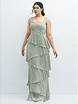 Front View Thumbnail - Willow Green Asymmetrical Tiered Ruffle Chiffon Maxi Dress with Handworked Flowers Detail