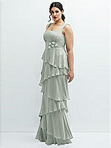 Side View Thumbnail - Willow Green Asymmetrical Tiered Ruffle Chiffon Maxi Dress with Handworked Flowers Detail