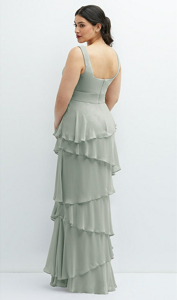 Back View - Willow Green Asymmetrical Tiered Ruffle Chiffon Maxi Dress with Handworked Flowers Detail