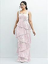 Front View Thumbnail - Watercolor Print Asymmetrical Tiered Ruffle Chiffon Maxi Dress with Handworked Flowers Detail