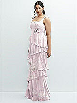 Side View Thumbnail - Watercolor Print Asymmetrical Tiered Ruffle Chiffon Maxi Dress with Handworked Flowers Detail