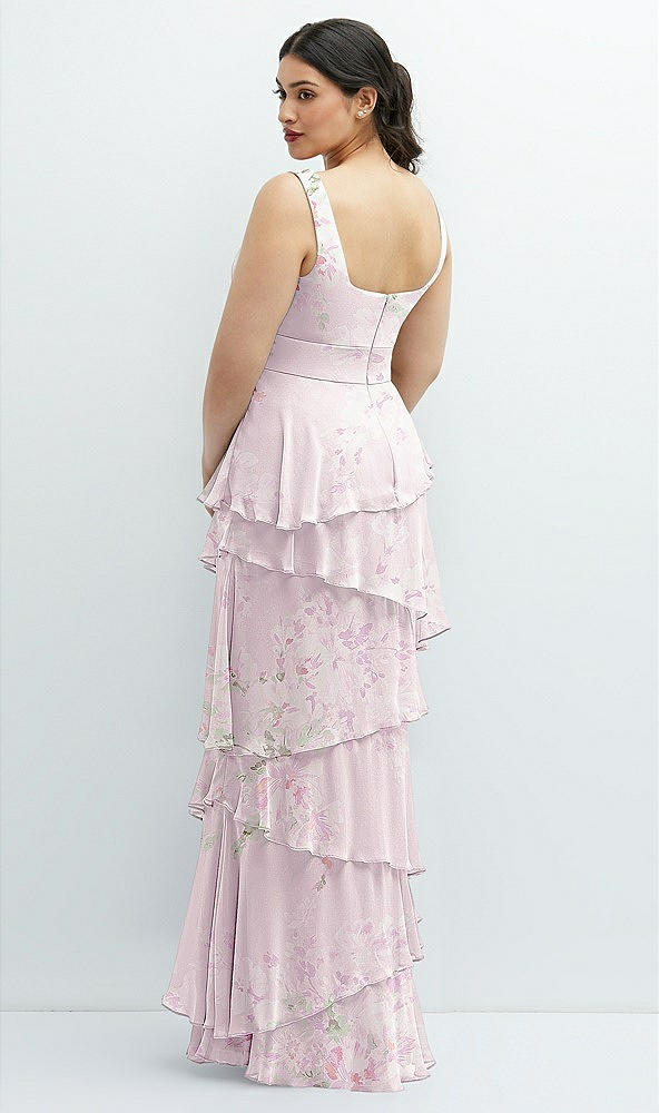 Back View - Watercolor Print Asymmetrical Tiered Ruffle Chiffon Maxi Dress with Handworked Flowers Detail