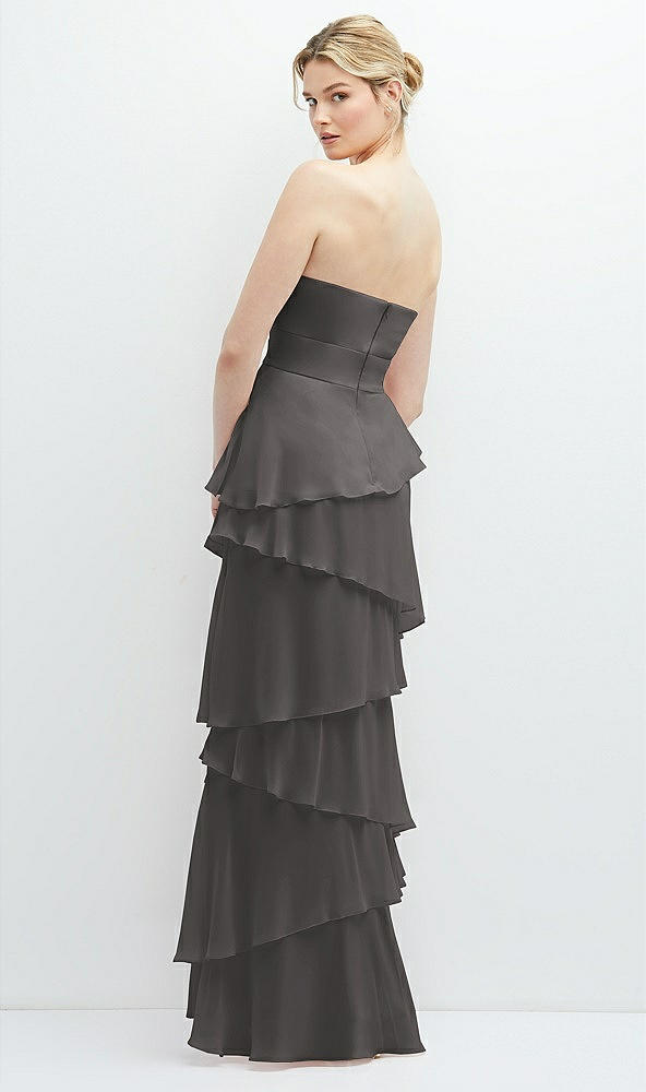Back View - Caviar Gray Strapless Asymmetrical Tiered Ruffle Chiffon Maxi Dress with Handworked Flower Detail