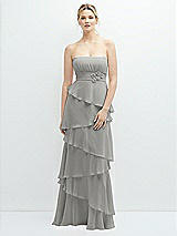 Front View Thumbnail - Chelsea Gray Strapless Asymmetrical Tiered Ruffle Chiffon Maxi Dress with Handworked Flower Detail