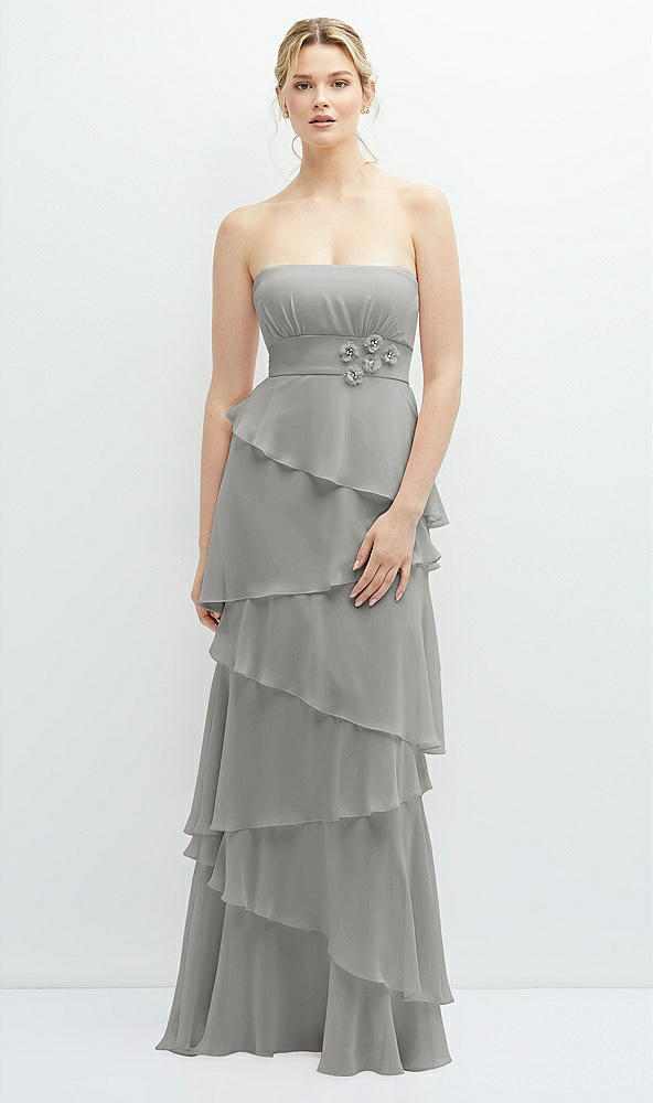 Front View - Chelsea Gray Strapless Asymmetrical Tiered Ruffle Chiffon Maxi Dress with Handworked Flower Detail