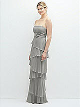 Side View Thumbnail - Chelsea Gray Strapless Asymmetrical Tiered Ruffle Chiffon Maxi Dress with Handworked Flower Detail