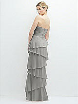 Rear View Thumbnail - Chelsea Gray Strapless Asymmetrical Tiered Ruffle Chiffon Maxi Dress with Handworked Flower Detail