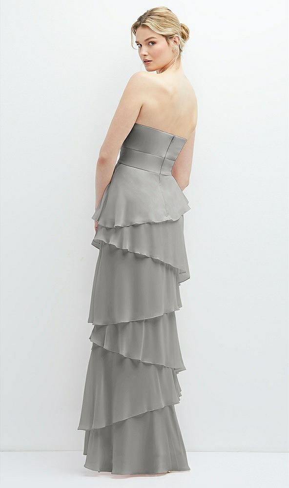 Back View - Chelsea Gray Strapless Asymmetrical Tiered Ruffle Chiffon Maxi Dress with Handworked Flower Detail