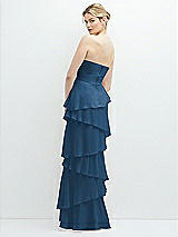 Rear View Thumbnail - Dusk Blue Strapless Asymmetrical Tiered Ruffle Chiffon Maxi Dress with Handworked Flower Detail