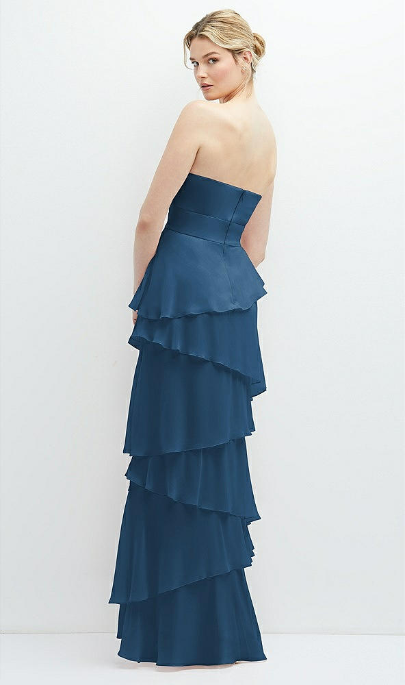 Back View - Dusk Blue Strapless Asymmetrical Tiered Ruffle Chiffon Maxi Dress with Handworked Flower Detail