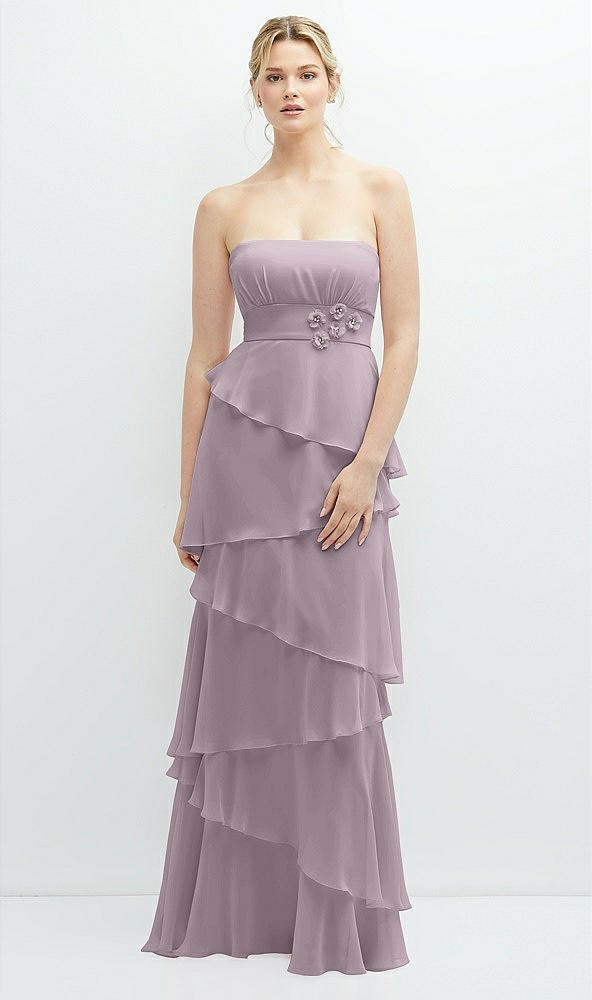 Front View - Lilac Dusk Strapless Asymmetrical Tiered Ruffle Chiffon Maxi Dress with Handworked Flower Detail