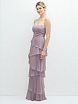 Side View Thumbnail - Lilac Dusk Strapless Asymmetrical Tiered Ruffle Chiffon Maxi Dress with Handworked Flower Detail
