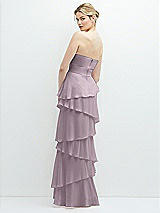 Rear View Thumbnail - Lilac Dusk Strapless Asymmetrical Tiered Ruffle Chiffon Maxi Dress with Handworked Flower Detail
