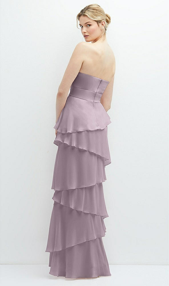 Back View - Lilac Dusk Strapless Asymmetrical Tiered Ruffle Chiffon Maxi Dress with Handworked Flower Detail