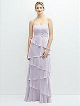 Front View Thumbnail - Moondance Strapless Asymmetrical Tiered Ruffle Chiffon Maxi Dress with Handworked Flower Detail