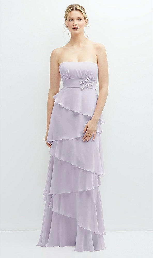Front View - Moondance Strapless Asymmetrical Tiered Ruffle Chiffon Maxi Dress with Handworked Flower Detail