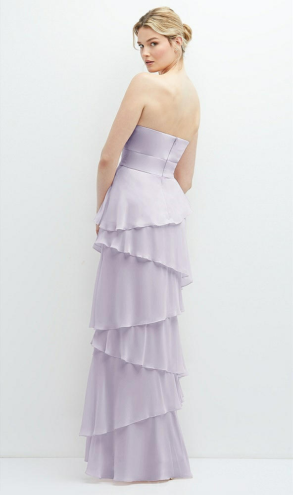 Back View - Moondance Strapless Asymmetrical Tiered Ruffle Chiffon Maxi Dress with Handworked Flower Detail