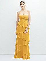 Front View Thumbnail - NYC Yellow Strapless Asymmetrical Tiered Ruffle Chiffon Maxi Dress with Handworked Flower Detail