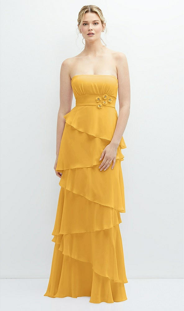 Front View - NYC Yellow Strapless Asymmetrical Tiered Ruffle Chiffon Maxi Dress with Handworked Flower Detail