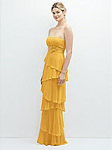 Side View Thumbnail - NYC Yellow Strapless Asymmetrical Tiered Ruffle Chiffon Maxi Dress with Handworked Flower Detail