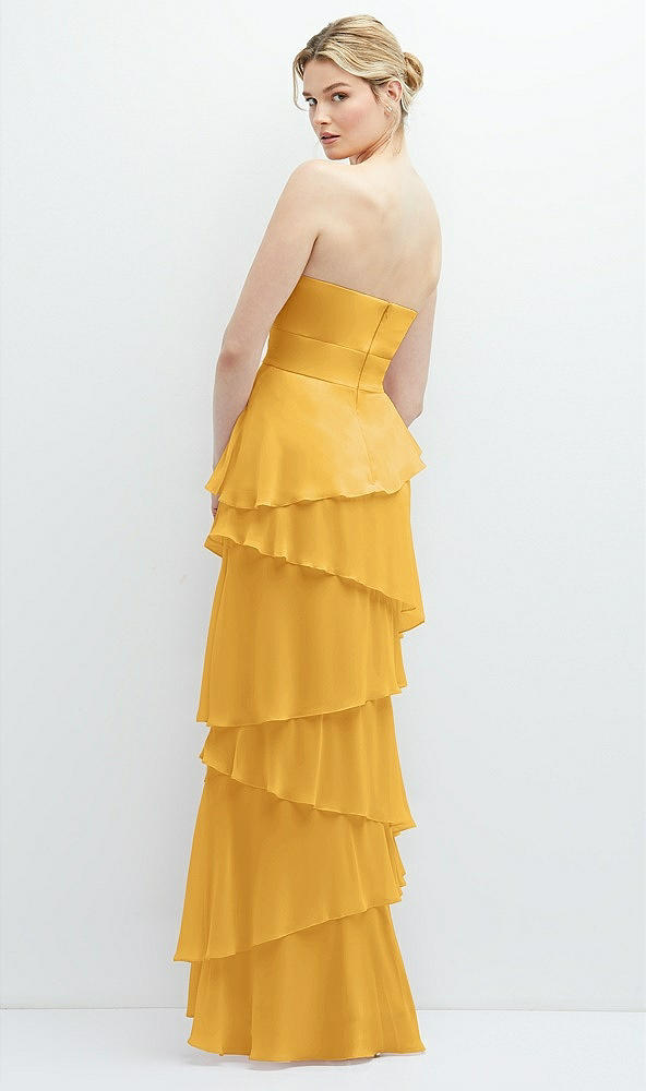 Back View - NYC Yellow Strapless Asymmetrical Tiered Ruffle Chiffon Maxi Dress with Handworked Flower Detail