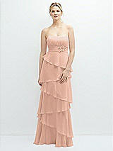 Front View Thumbnail - Pale Peach Strapless Asymmetrical Tiered Ruffle Chiffon Maxi Dress with Handworked Flower Detail