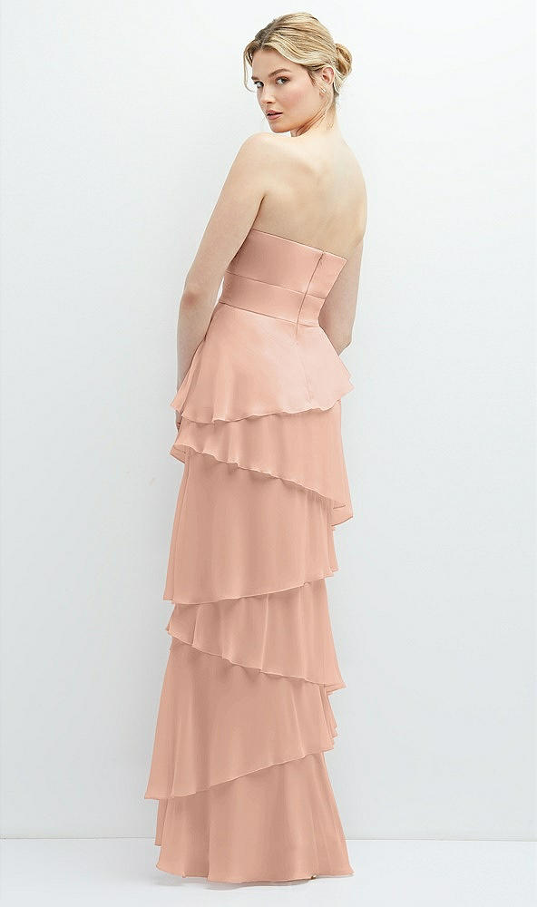 Back View - Pale Peach Strapless Asymmetrical Tiered Ruffle Chiffon Maxi Dress with Handworked Flower Detail