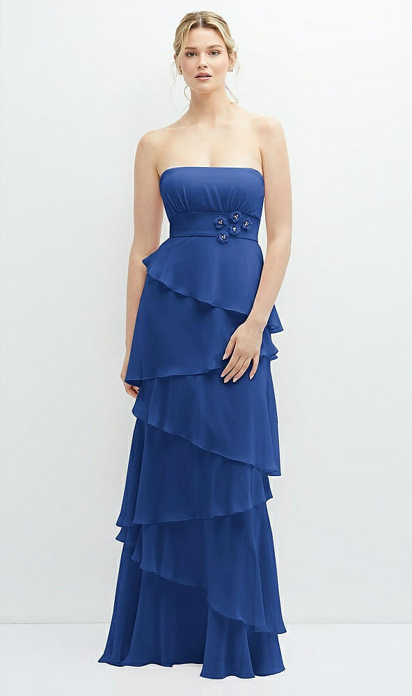 Front View - Classic Blue Strapless Asymmetrical Tiered Ruffle Chiffon Maxi Dress with Handworked Flower Detail