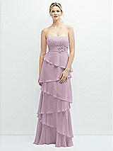 Front View Thumbnail - Suede Rose Strapless Asymmetrical Tiered Ruffle Chiffon Maxi Dress with Handworked Flower Detail