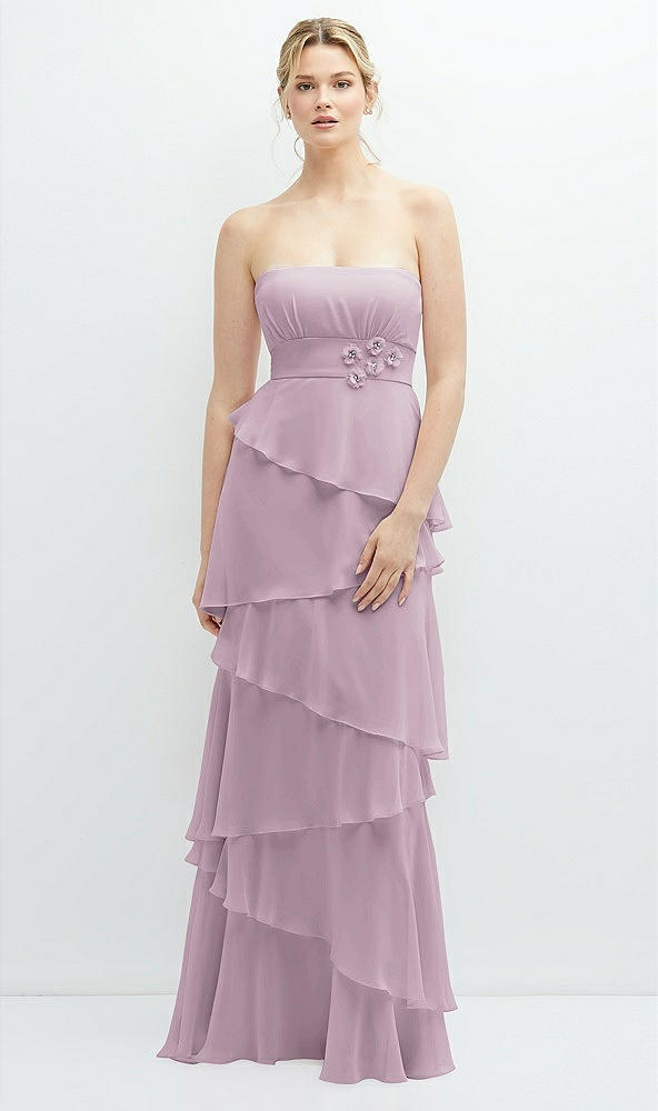 Front View - Suede Rose Strapless Asymmetrical Tiered Ruffle Chiffon Maxi Dress with Handworked Flower Detail