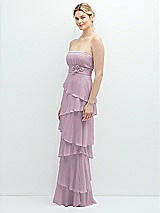 Side View Thumbnail - Suede Rose Strapless Asymmetrical Tiered Ruffle Chiffon Maxi Dress with Handworked Flower Detail