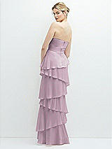 Rear View Thumbnail - Suede Rose Strapless Asymmetrical Tiered Ruffle Chiffon Maxi Dress with Handworked Flower Detail