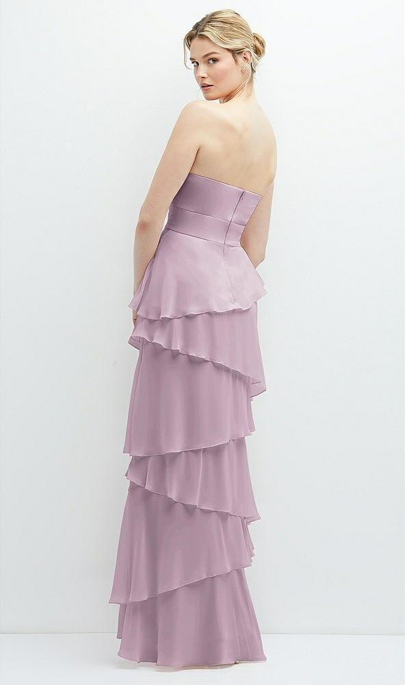 Back View - Suede Rose Strapless Asymmetrical Tiered Ruffle Chiffon Maxi Dress with Handworked Flower Detail