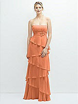 Front View Thumbnail - Sweet Melon Strapless Asymmetrical Tiered Ruffle Chiffon Maxi Dress with Handworked Flower Detail