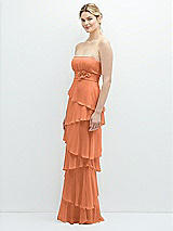 Side View Thumbnail - Sweet Melon Strapless Asymmetrical Tiered Ruffle Chiffon Maxi Dress with Handworked Flower Detail