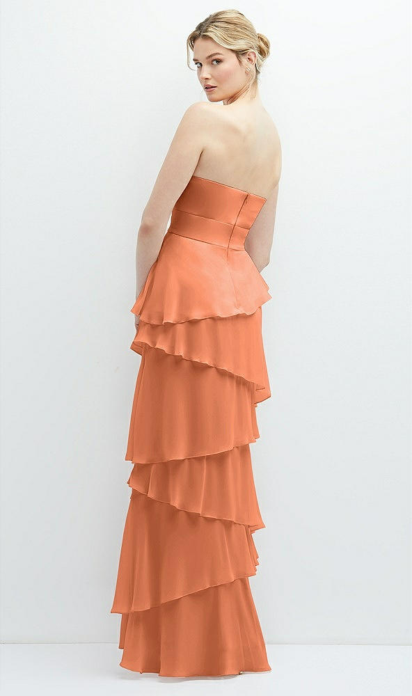 Back View - Sweet Melon Strapless Asymmetrical Tiered Ruffle Chiffon Maxi Dress with Handworked Flower Detail
