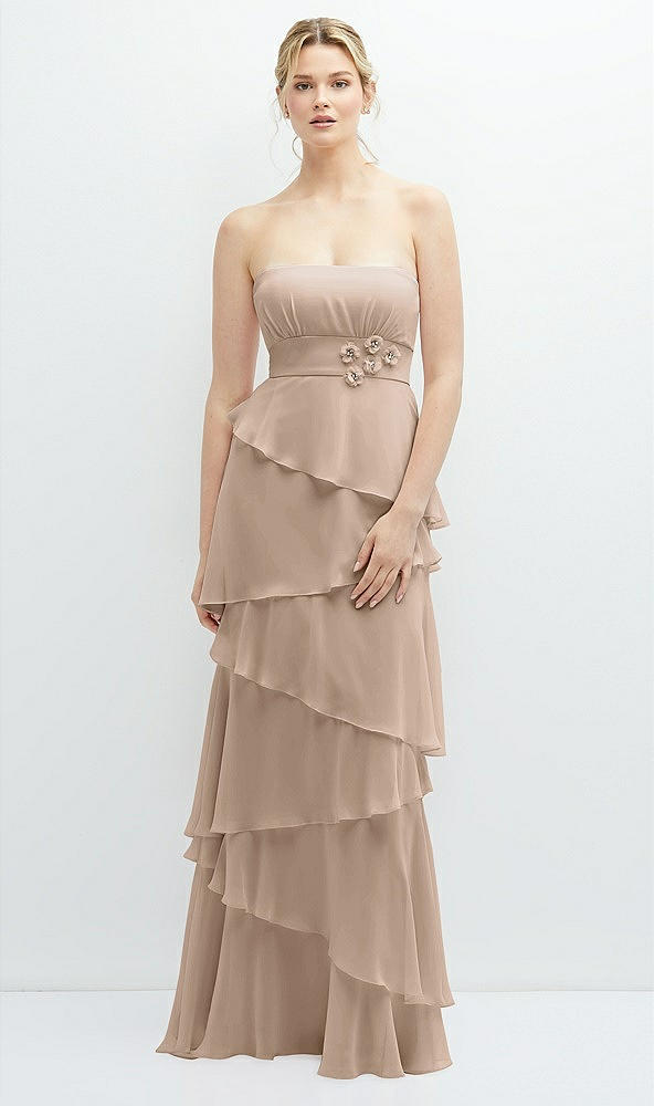 Front View - Topaz Strapless Asymmetrical Tiered Ruffle Chiffon Maxi Dress with Handworked Flower Detail