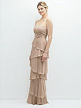 Side View Thumbnail - Topaz Strapless Asymmetrical Tiered Ruffle Chiffon Maxi Dress with Handworked Flower Detail