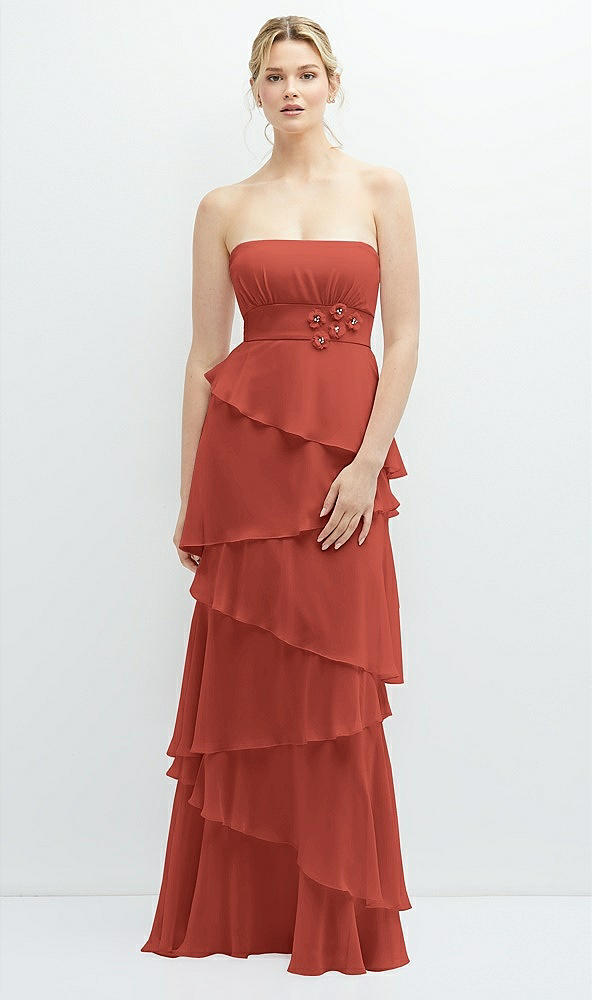 Front View - Amber Sunset Strapless Asymmetrical Tiered Ruffle Chiffon Maxi Dress with Handworked Flower Detail