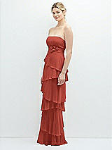 Side View Thumbnail - Amber Sunset Strapless Asymmetrical Tiered Ruffle Chiffon Maxi Dress with Handworked Flower Detail