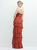 Rear View Thumbnail - Amber Sunset Strapless Asymmetrical Tiered Ruffle Chiffon Maxi Dress with Handworked Flower Detail