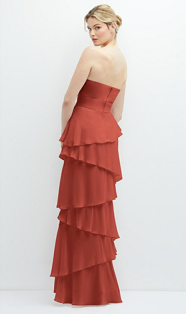 Back View - Amber Sunset Strapless Asymmetrical Tiered Ruffle Chiffon Maxi Dress with Handworked Flower Detail
