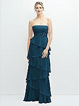 Front View Thumbnail - Atlantic Blue Strapless Asymmetrical Tiered Ruffle Chiffon Maxi Dress with Handworked Flower Detail