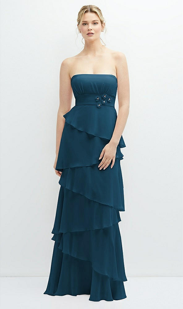 Front View - Atlantic Blue Strapless Asymmetrical Tiered Ruffle Chiffon Maxi Dress with Handworked Flower Detail